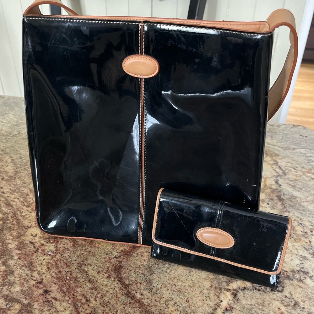 Ta Tong black patent leather purse and matching wallet.